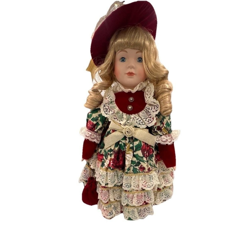 Vintage Soft Expressions Genuine Porcelain Victorian Christmas Doll w/ Stand